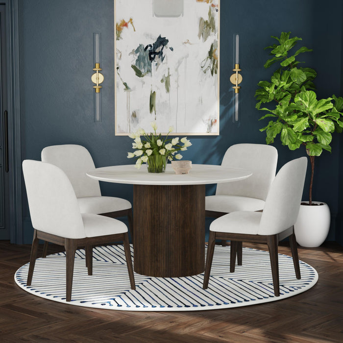 Sylvie Round Dining Table with White Faux Marble Top in Dark Brown